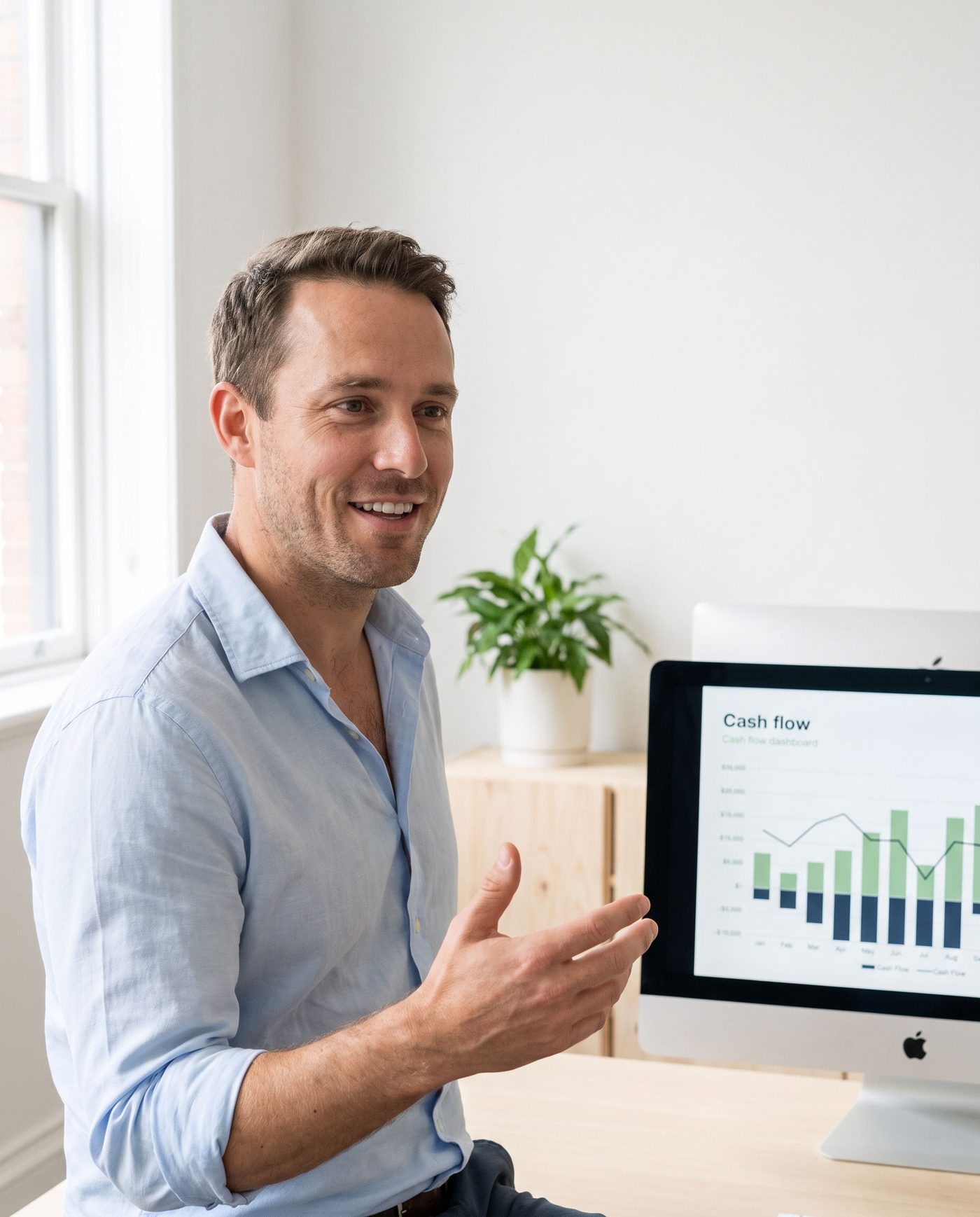 An accountant explaining a cash flow dashboard on a video call