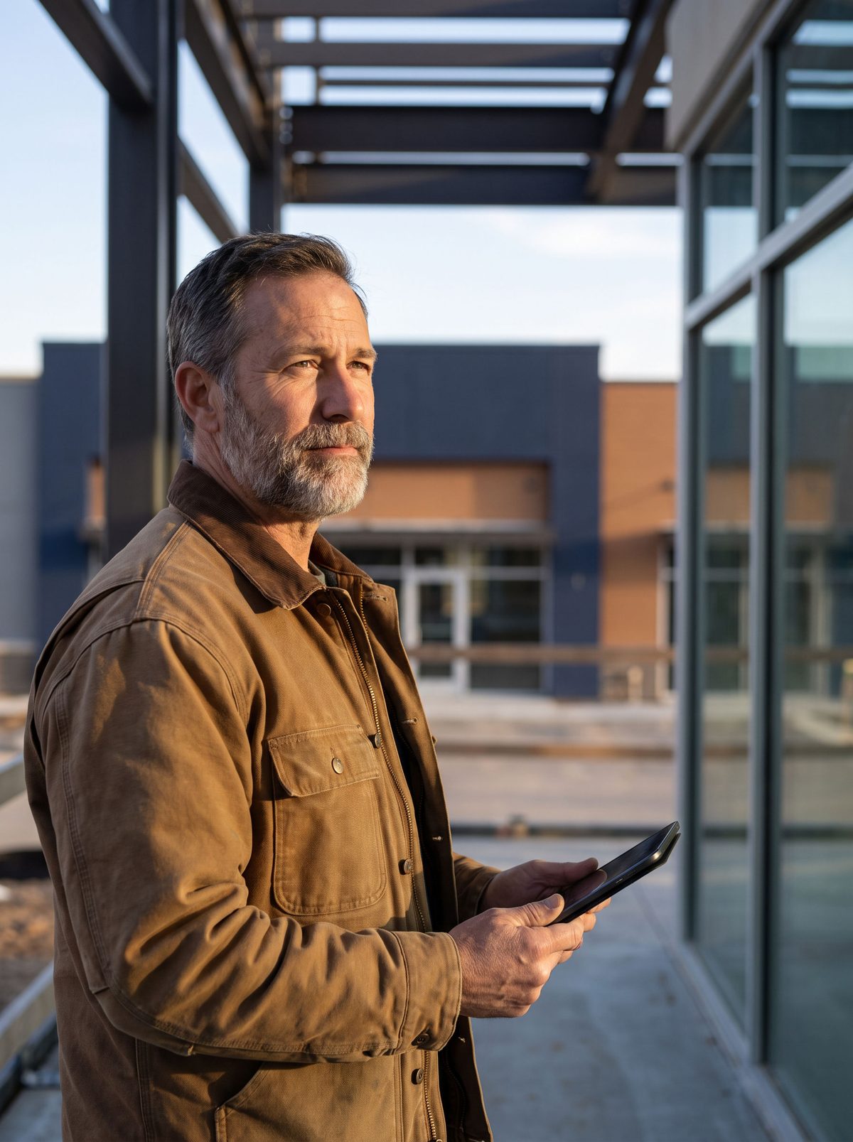 A general contractor holding a tablet at a commercial build site