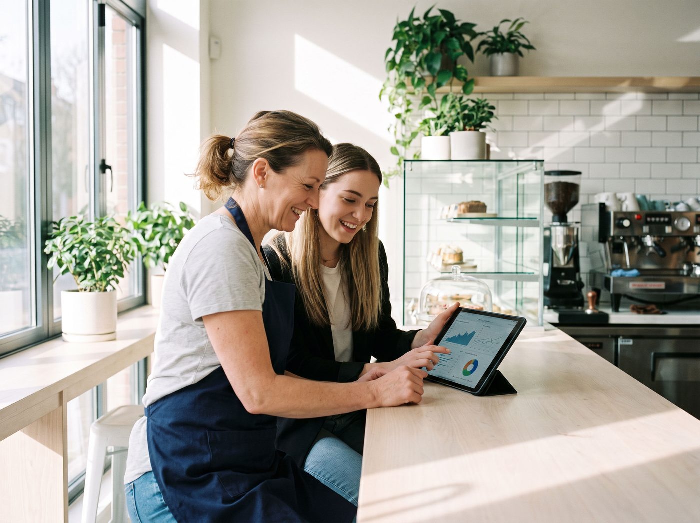 A restaurant owner and a financial advisor reviewing numbers on a tablet at the counter